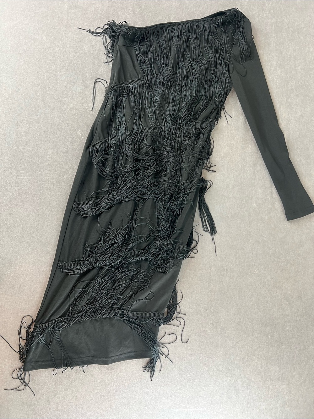 SHEIN Black One-Shoulder Fringe Midi Dress